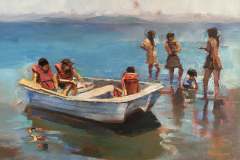 Jennifer Dees, Rowboat Life, 2021. Oil on canvas, 14" x 18".