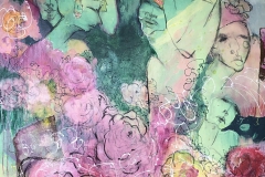Roberta Dyer, Coming Up Roses, 2020. Acrylic, collage, charcoal, and watermedia marking tools, 60" x 48".