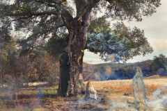 Jiela Rufeh, Transcendental, 2021. Encaustic, archival ink photo, and oils on wood panel, 25" x 20".