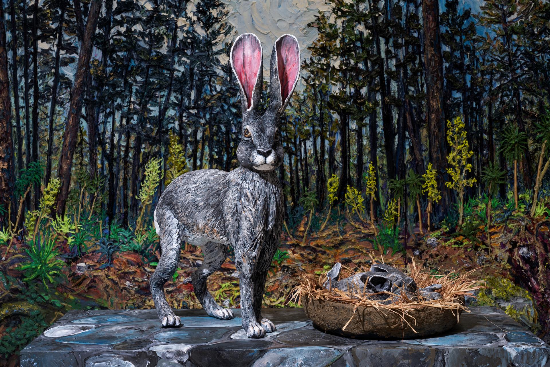 Robin Raznick, Jill and the Babes (with Kipaipai Forest painting background and handpainted pedestal). Ceramic, acrylic paint, desert sand, raffia, and feathers, 24x30x15.