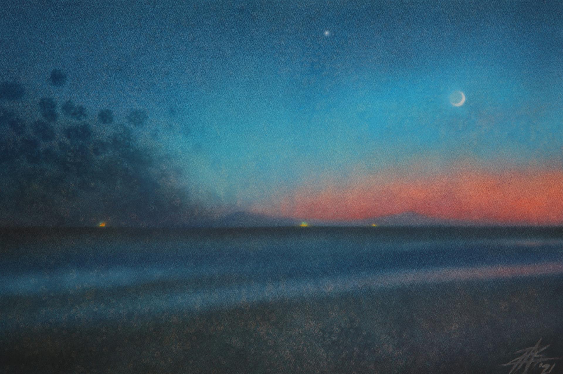 Robin Street-Morris, Crescent Moon with Venus and Offshore Oil and Gas Platforms. Transparent watercolor and soft pastel on 300lb CP, 14x21.