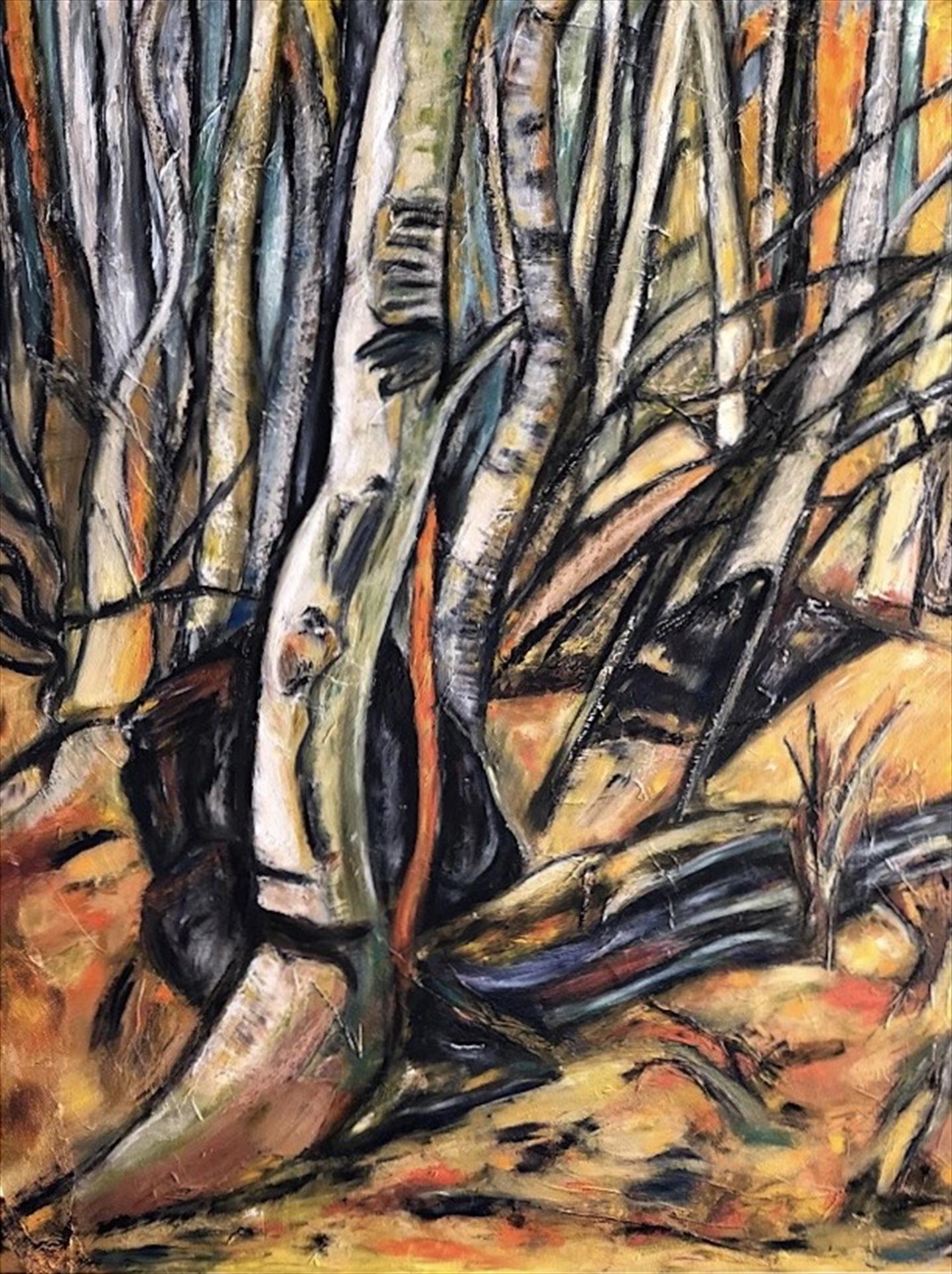 Karen Moreland, Aspen Grove, Convivt Lake. Oil stick and oil paint on mixed media canvas, 40x30.