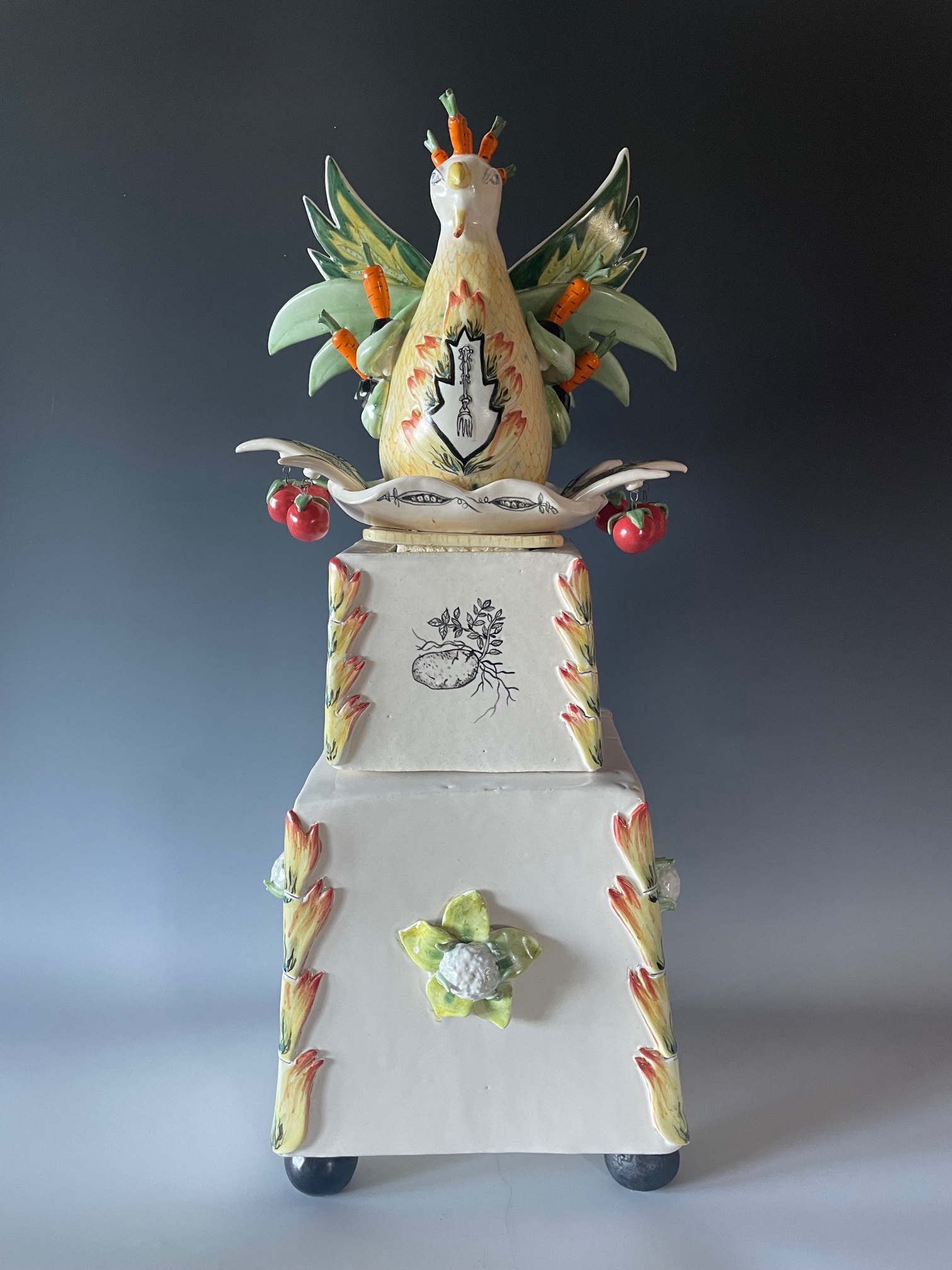Irène  de Watteville, Phoenix Rising from the ashes of a Spanish Tortilla, 2023. Paper clay, frost porcelain and porcelain: the glaze is a Cone 5 Majolica., 7” x 7” x 19”.