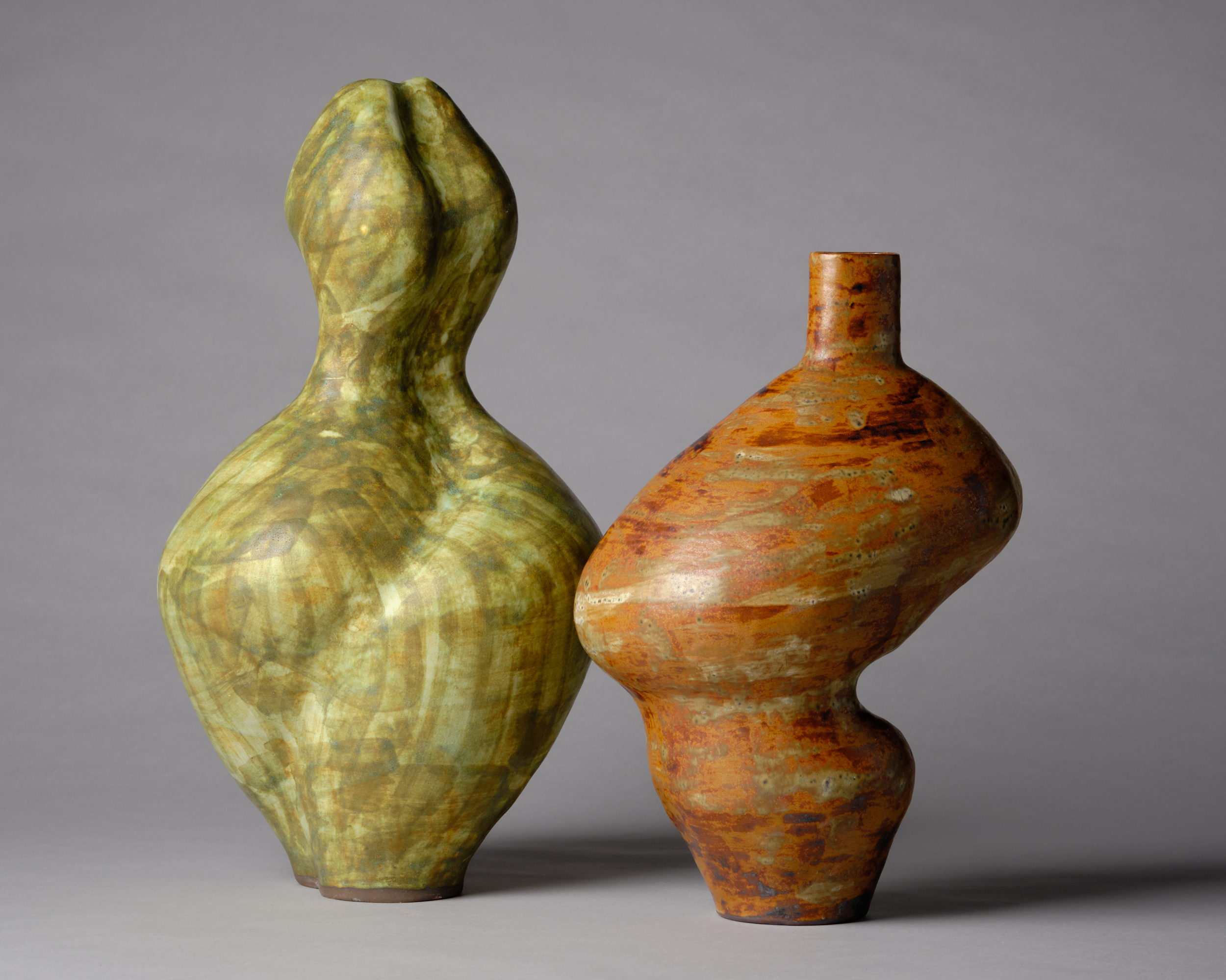 Gail  Schneider, Untitled, . Hand-built stoneware with glaze, Left Pot, 15” x 9” x 9” Right Pot, 17.5” x 9” x 11.5”.