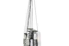 Viviana  Lombrozo, Hanging By A Thread, 2023. Cotton fabric printed, painted by the artist, commercial fabric, batting, thread, cord, 40” x 10” x 5.5”.