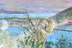 David Krimmel, Mission Bay to Mat hasil ewik kakap, 2025. Watercolor collage, 18.75" x 83.75".