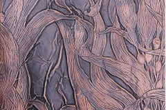 Esther Barr, Ocean Forest #2, 2025. 5 mil copper, patina, forton, cradled wood panel, 40" x 20".