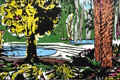 Jeanne Dunn, Two Ponds, 2026. Painted papers, ink-printed transparency, and collage, 15.5" x 24".