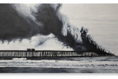 Marisa DeLuca, She's Not There (after Andres Ximinez), 2024. Oil and pyrolyzed remains of Oceanside's 6th fishing pier on linen, 24" x 42". Marisa DeLuca, She's Not There (after Andres Ximinez), 2024. Oil and pyrolyzed remains of Oceanside's 6th fishing pier on linen, 24" x 42".