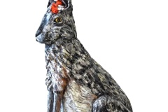 Robin Raznick, Flowers in Her Hare, 2024. Ceramic, acrylic, and metallics, 28" x 19" x 18". Robin Raznick, Flowers in Her Hare, 2024. Ceramic, acrylic, and metallics, 28" x 19" x 18".