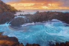 Stuart Burton, Golden Hour, Turquoise Pool, 2026. Oil on canvas on Birch plywood, 20" x 28". Stuart Burton, Golden Hour, Turquoise Pool, 2026. Oil on canvas on Birch plywood, 20" x 28".