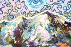 Marina Alberti, Over the Mountains, 2021. Acrylic on canvas with embroidered bead details, 24" x 24”.