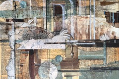 Micki Brown, Fading Empire, 2026. Vintage papers, acrylic, charcoal, and graphite, 20" x 20”.