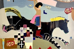 Ellen Dieter, Chasing the Consumer, 2026. Mixed media on canvas, 36" x 36”.