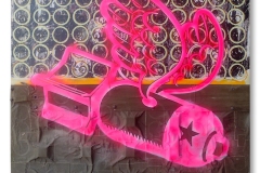 Vincent Wray, Stop The War Machine, 2026. Acrylc and found objects including Vietnam era tent material, 47" x 47”.