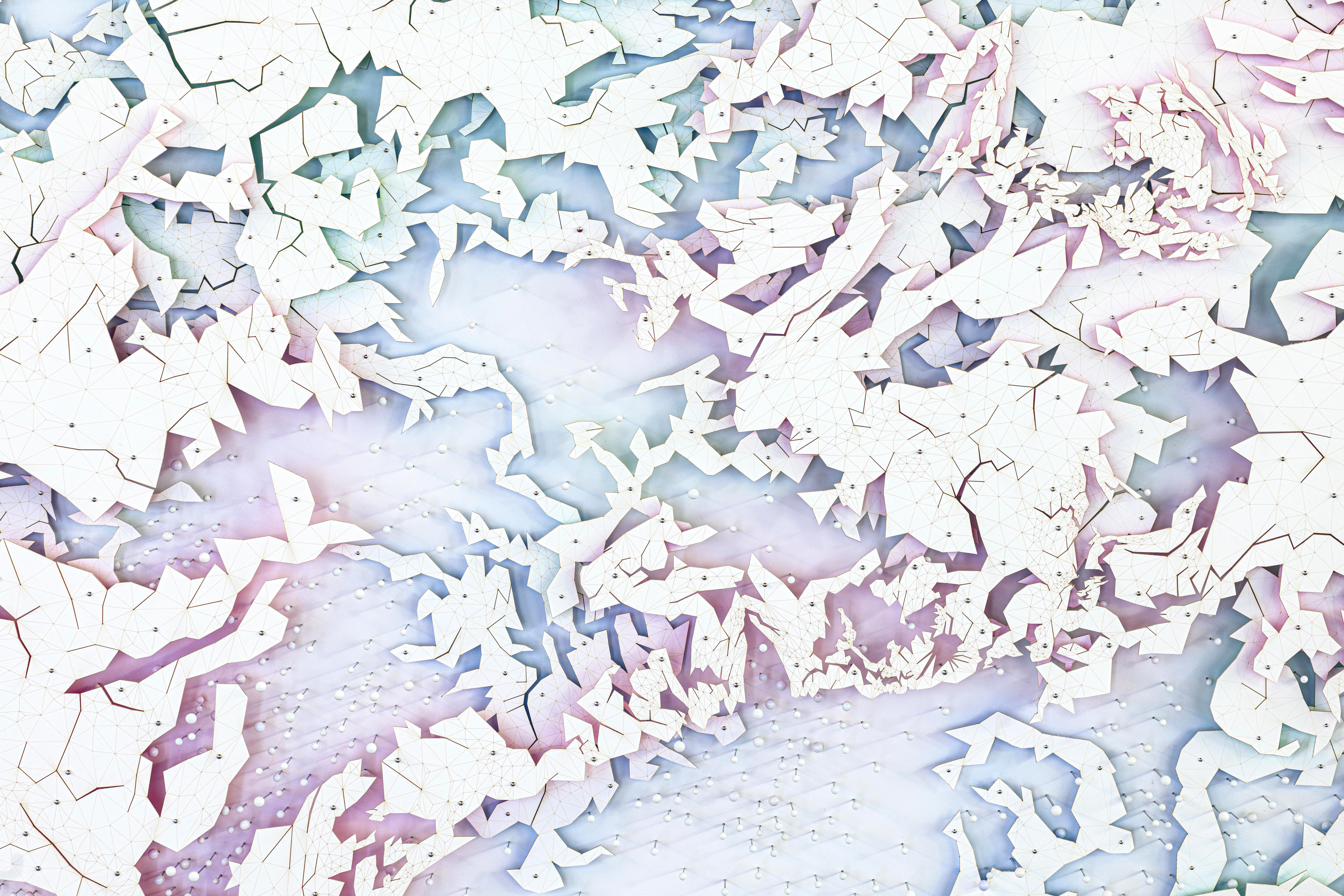 David Adey, Ghost (detail), 2024. Laser-cut paper, fluorescent acrylic and pins on pvc foam panel, 54” x 120” x 3.5”. David Adey, Ghost (detail), 2024. Laser-cut paper, fluorescent acrylic and pins on pvc foam panel, 54” x 120” x 3.5”.