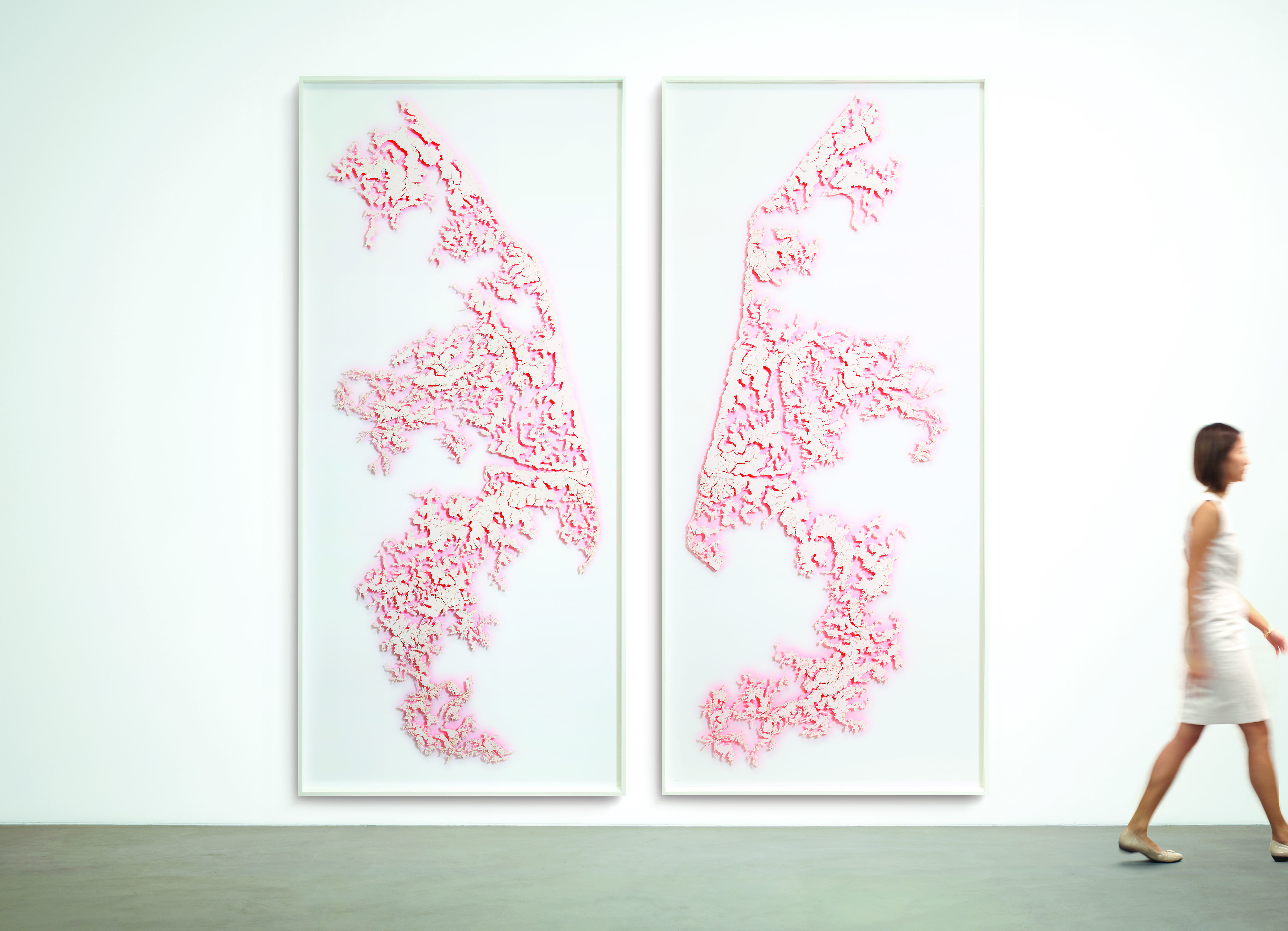 David Adey, Hide, 2014. Laser-cut paper, fluorescent acrylic and pins on pvc foam panel, 120” x 54” x 3.5” (each panel) David Adey, Hide, 2014. Laser-cut paper, fluorescent acrylic and pins on pvc foam panel, 120” x 54” x 3.5” (each panel)