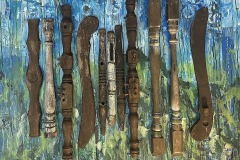 Seraphine, There Once Stood a Forest, 2025. Acrylic on Canvas with wood parts of chairs and tables, 30" x 40".