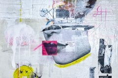 Theo DeHart, I'm Scared to Hear Your Voice, 2026. Acrylic paint, ink, and collage on panel, 20" x 16".