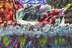 Arlette Stella, Conflagration, 2025. Acrylic and mixed media on museum board, 24" x 36".
