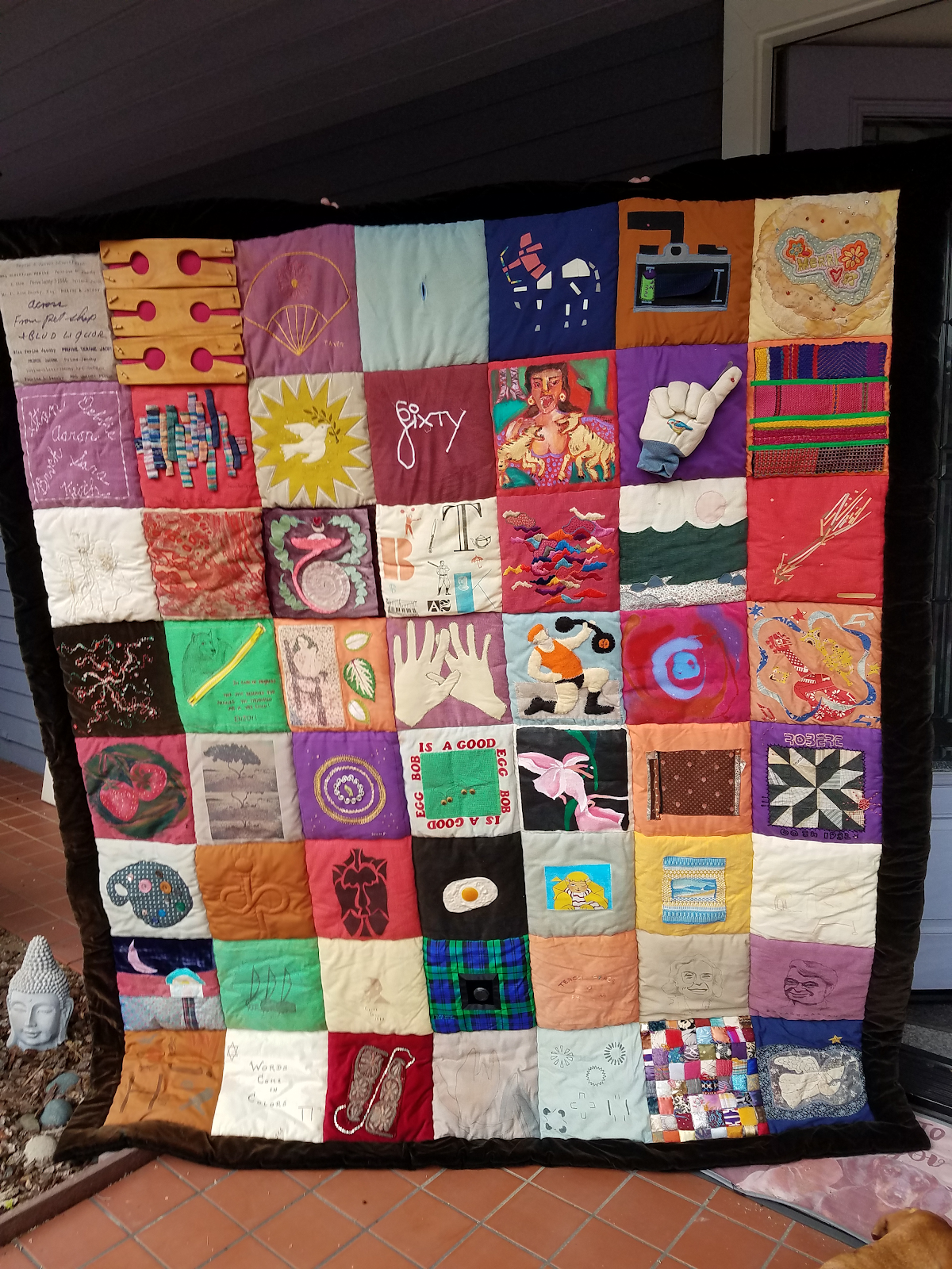 Multiple artists, Bob Perine's 60th Birthday Quilt. Fabric and mixed media,  75" x 90".