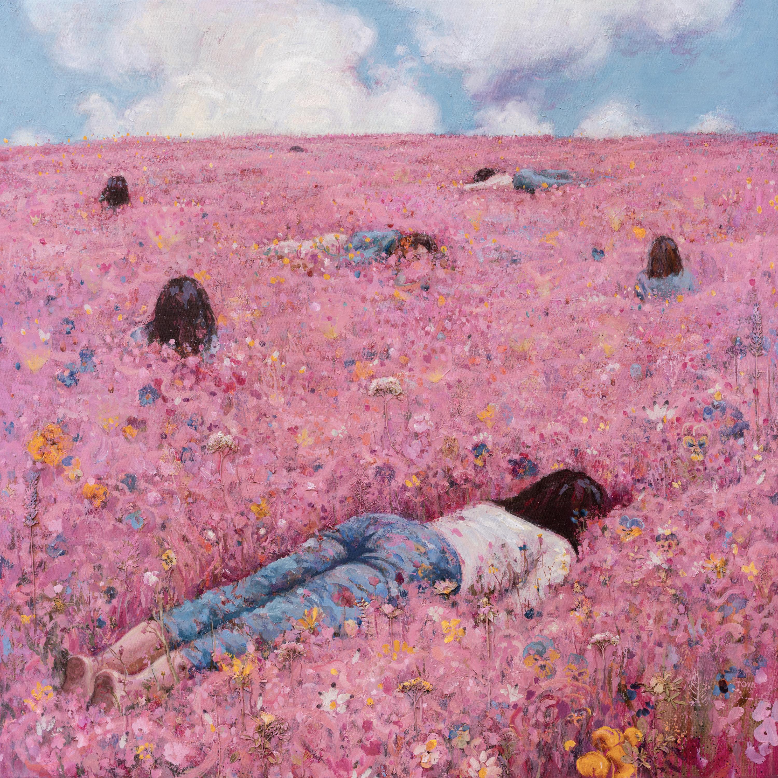 Kate Tova, Let Me Be Still, 2025. Oil, dry flowers, and acrylic on clear primed linen, 36 x 36 in Kate Tova, Let Me Be Still, 2025. Oil, dry flowers, and acrylic on clear primed linen, 36 x 36 in