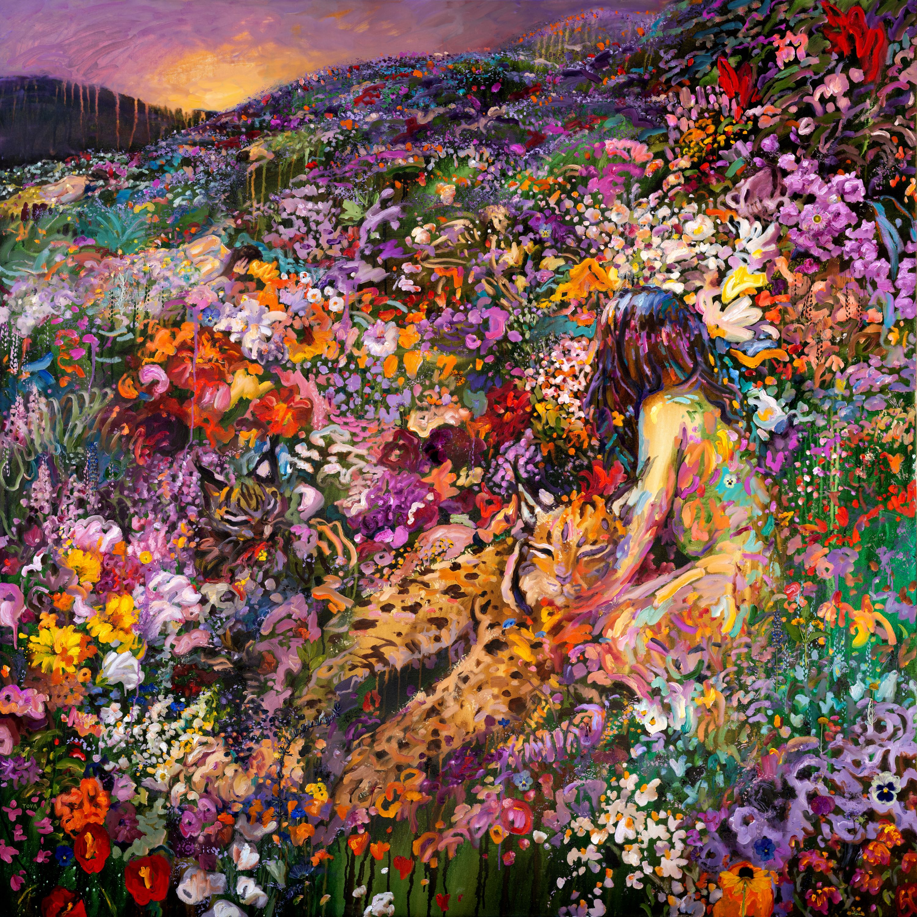 Kate Tova, The Keeper of The Wild, 2025. Oil, dry flowers, soil, gel medium, and acrylic on canvas, 62 x 62 in Kate Tova, The Keeper of The Wild, 2025. Oil, dry flowers, soil, gel medium, and acrylic on canvas, 62 x 62 in