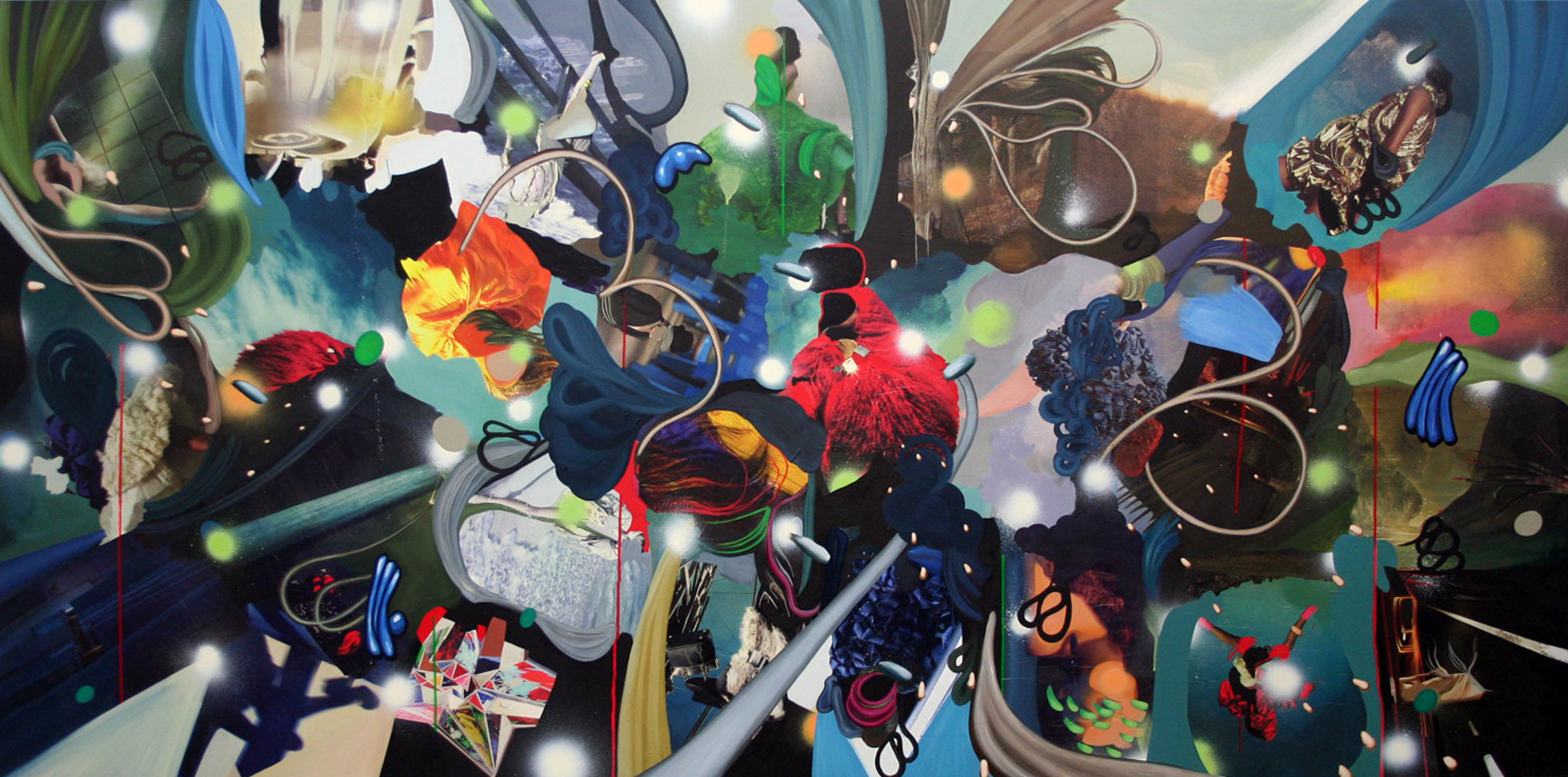 Allison Renshaw, Epsilon blue, 2009, Acrylic, oil and collage on panel, 48" x 96".