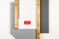 Daniel Hicks, UNTITLED (PROCESS/MATERIAL) THIRTEEN, 2024. Spray paint, basswood, pan head nuts & bolts, steel, vinyl board, our repurposed Ikea bed frame, 26" x 21". 