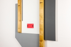 Daniel Hicks, UNTITLED (PROCESS/MATERIAL) THIRTEEN (side), 2024. Spray paint, basswood, pan head nuts & bolts, steel, vinyl board, our repurposed Ikea bed frame, 26" x 21". 