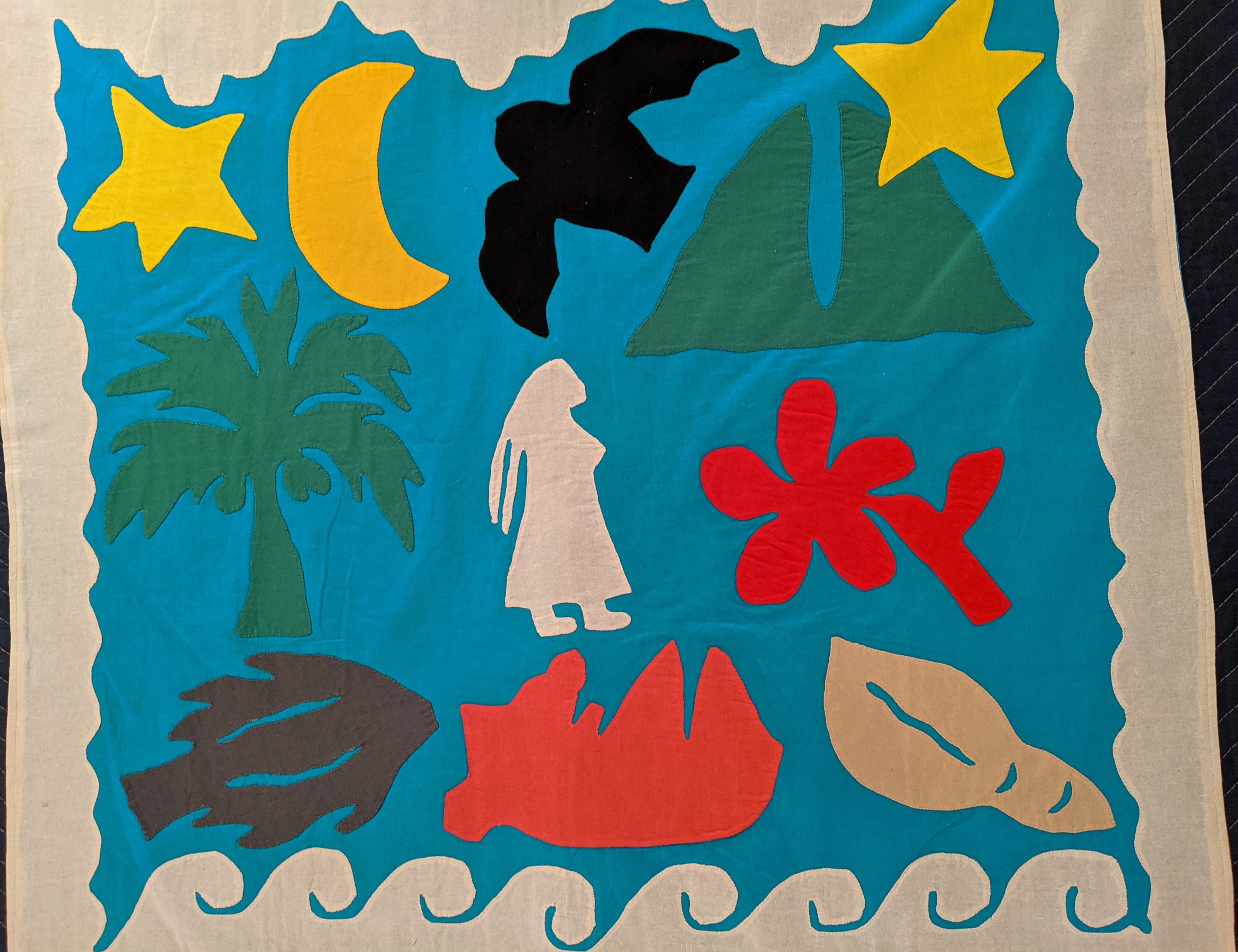 Vereara Maeva-Taripo, Cook Island Quilt Turquoise and White with Girl,