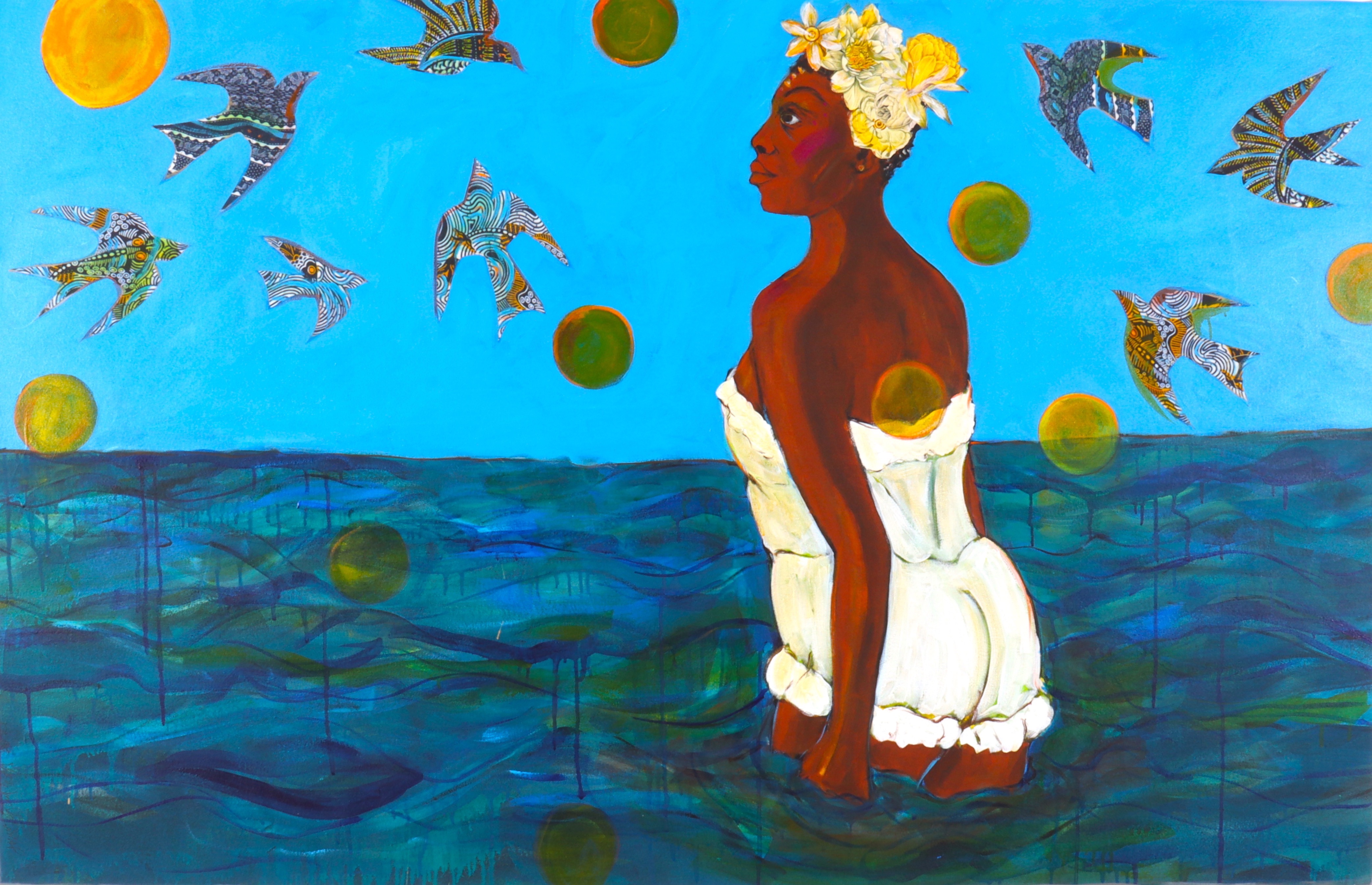 Janet Taylor Pickett, Memory of Water III, 2023. Acrylic and collage on canvas, 40" x 62".