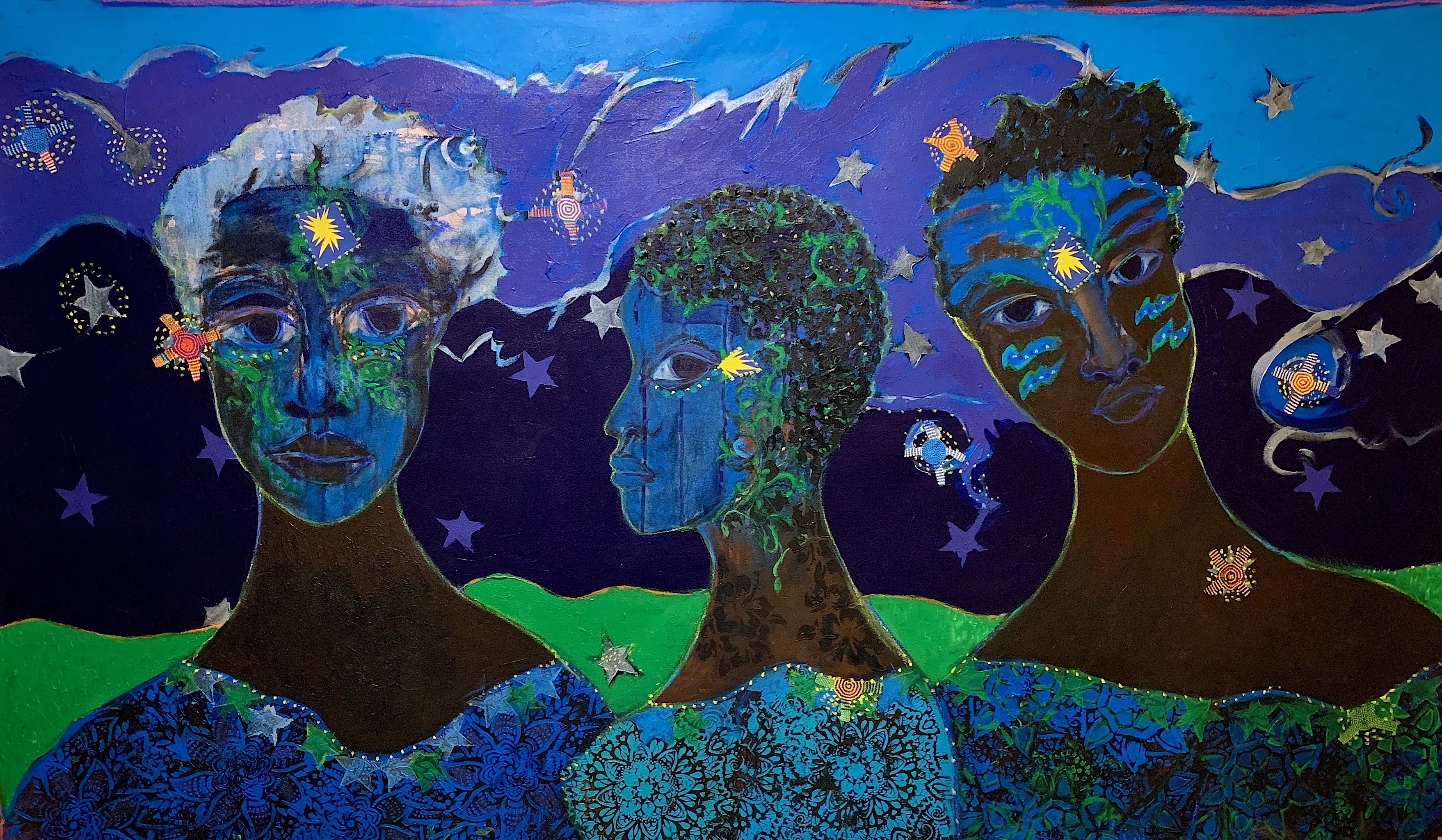 Janet Taylor Pickett, Three Sisters, 2023. Acrylic and collage on canvas, 48" x 72".