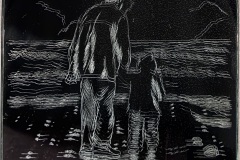 Daniel Delgado, Padre y el Hijo, 2026. Etching on mirror, 10" x 8". $1000 Daniel Delgado, Padre y el Hijo, 2026. Etching on mirror, 10" x 8". $1000