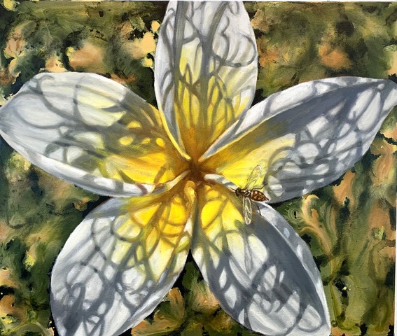 Gail Roberts, White Plumeria. Oil and acrylic/canvas, 20" x 24". Installed at Quint Gallery, 2021. Photo by Lile Kvantaliani.