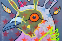 Vincent Wray, The Lesser Known Unicorn Pigeon, 2026. Acrylic on wood panel, 47" x 47”. $3500. Vincent Wray, The Lesser Known Unicorn Pigeon, 2026. Acrylic on wood panel, 47" x 47”. $3500.