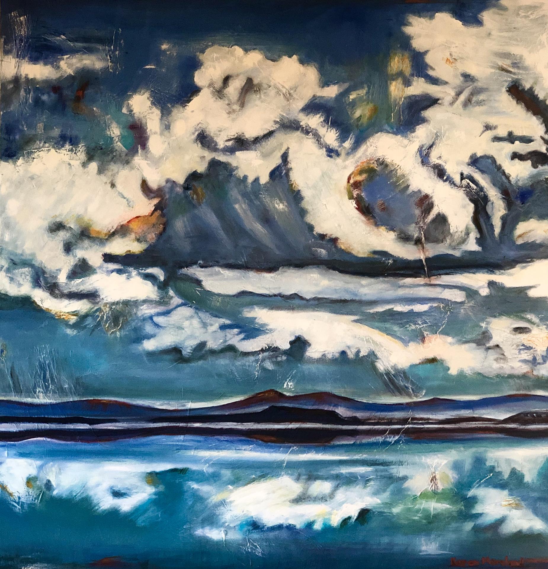 Karen Moreland, Disappearing Lake, Mono California. Oil, oil stick, and mixed media, 36” x 36”. $1800.