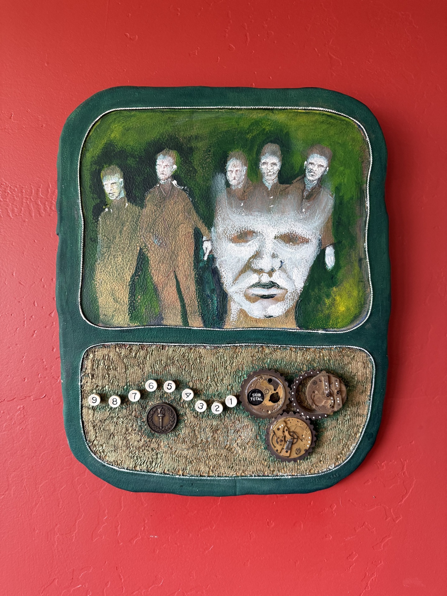 Carroll Crannell, Untitled, 2024. Acrylic paint, old watch parts, typewriter keys, and clay, 15 x 14. $2500 Carroll Crannell, Untitled, 2024. Acrylic paint, old watch parts, typewriter keys, and clay, 15 x 14. $2500