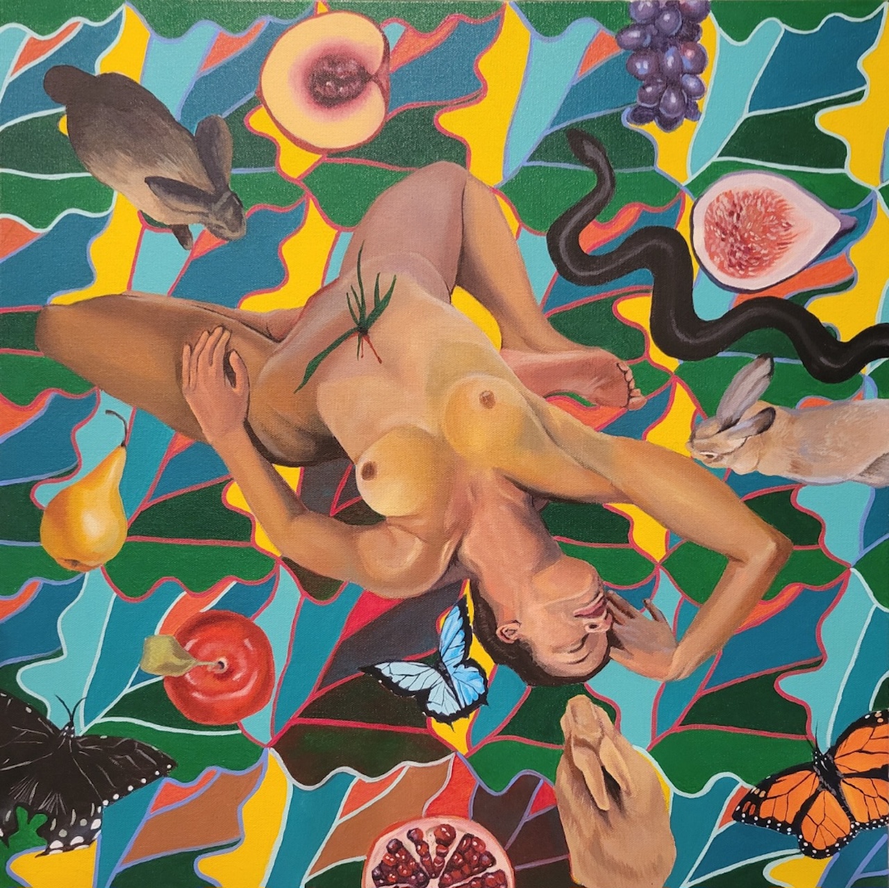 Jannelly Herrera, The Fall of Eve, The Rise of Eve, 2025. Acrylic paint on canvas, 24 x 24. $1500 Jannelly Herrera, The Fall of Eve, The Rise of Eve, 2025. Acrylic paint on canvas, 24 x 24. $1500