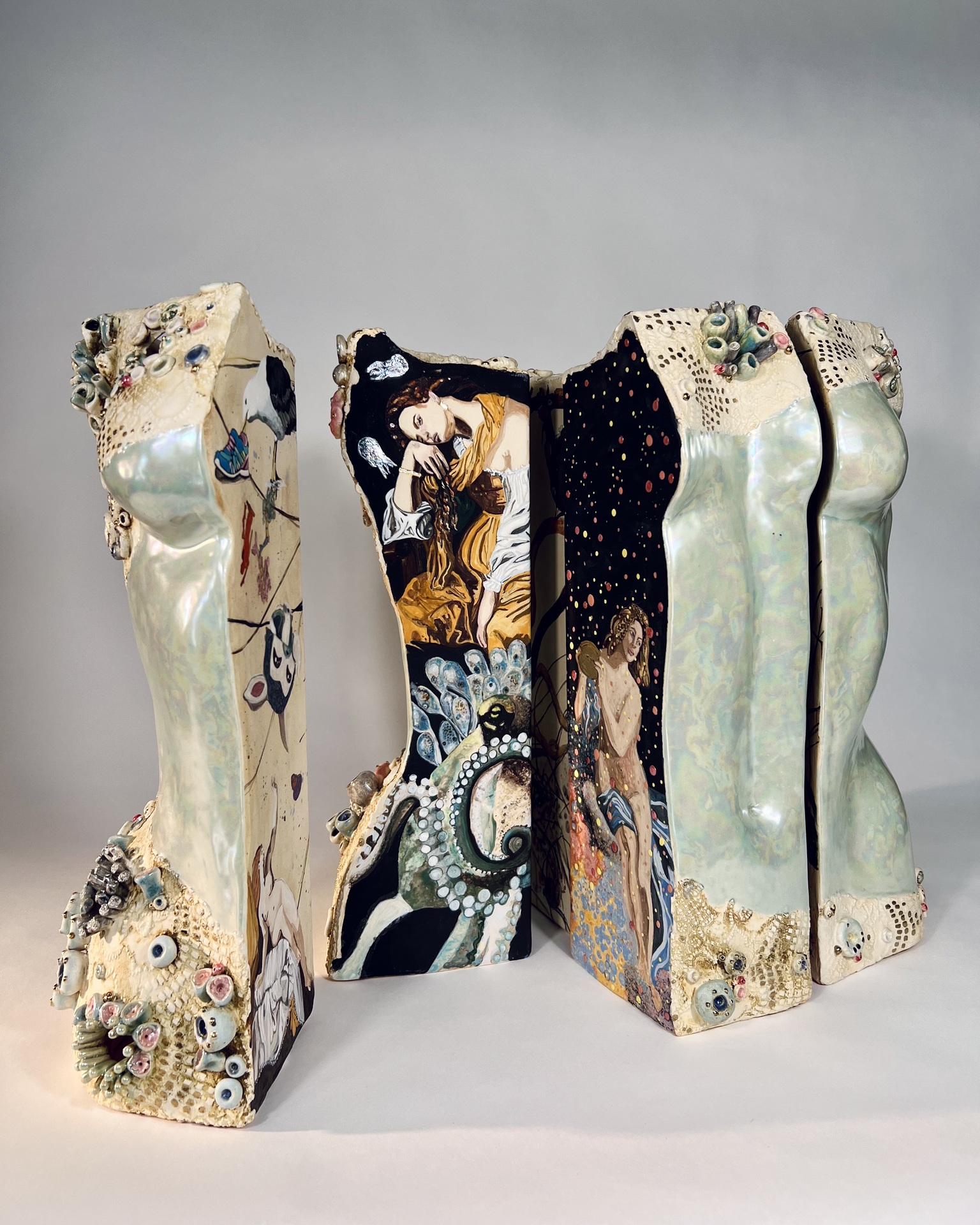 Julia C R Gray, Sea Stories, 2023. Ceramic slip-cast and hand built, glaze, oxide, and lusters, 18 x 18 x 13. $12000 Julia C R Gray, Sea Stories, 2023. Ceramic slip-cast and hand built, glaze, oxide, and lusters, 18 x 18 x 13. $12000