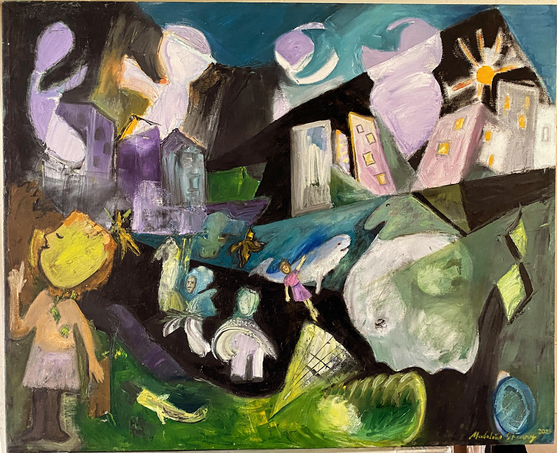 Madeline Sherry, Whale Watching with an Angry Poseidon, 2024. Oil on canvas, 48 x 60. $2500 Madeline Sherry, Whale Watching with an Angry Poseidon, 2024. Oil on canvas, 48 x 60. $2500