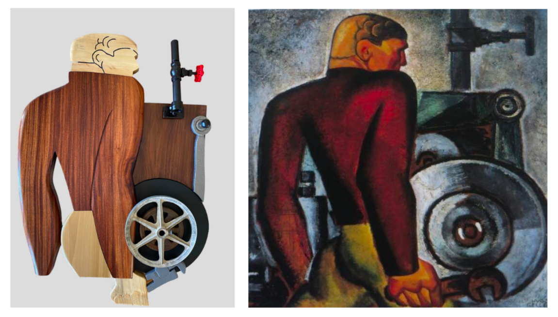 Scott Bruckner, Machine Man with Hugo Gellert (1892-1985), Worker and Machine, 1928. Oil on panel, 30" x 31". From the collection of Sandra and Bram Dijkstra. © Hugo Gellert; Courtesy of Mary Ryan Gallery. New York.