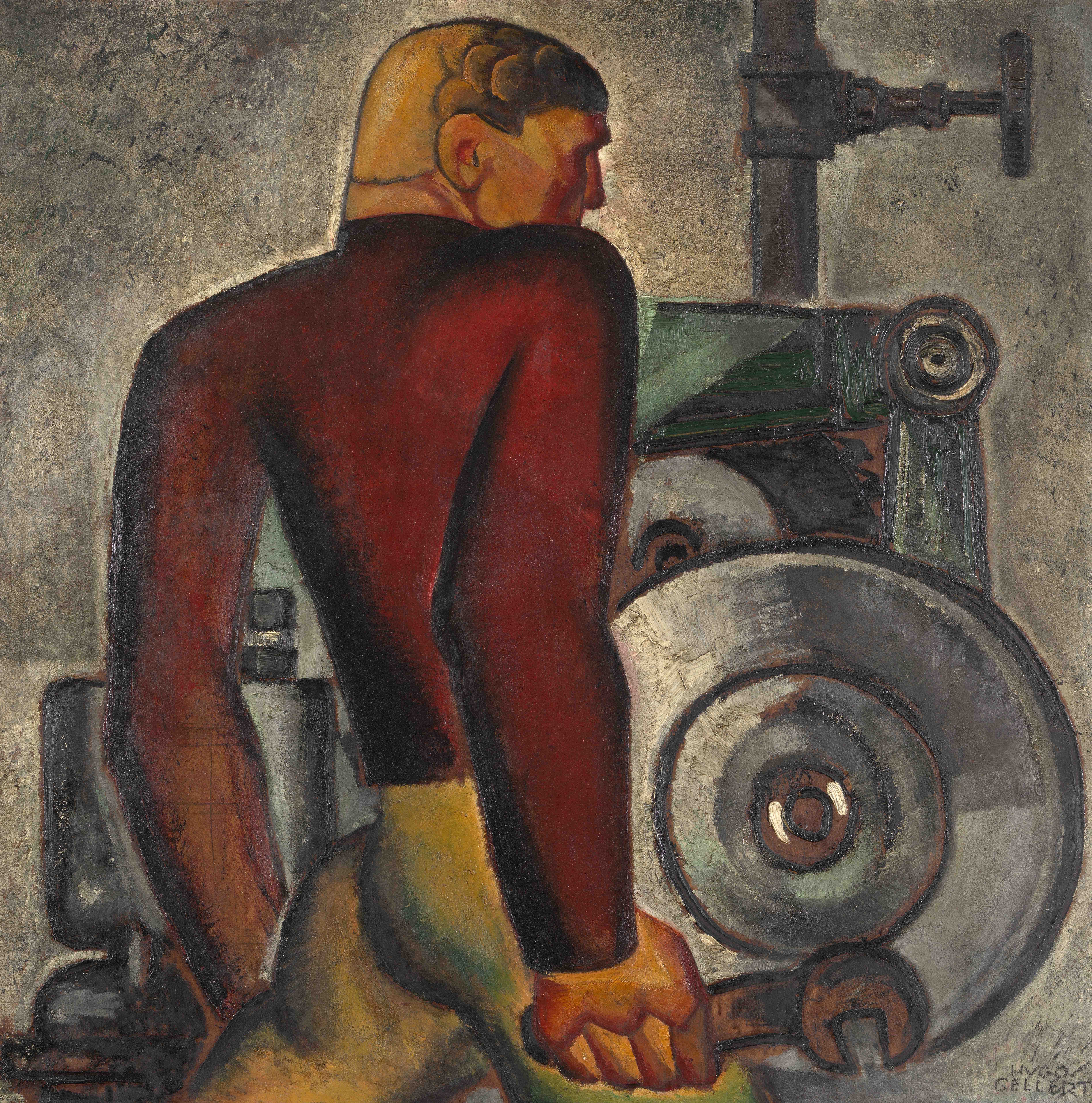 Worker and Machine, 1928. Oil on panel, 30" x 31". From the collection of Sandra and Bram Dijkstra.© Hugo Gellert; Courtesy of Mary Ryan Gallery. New York.