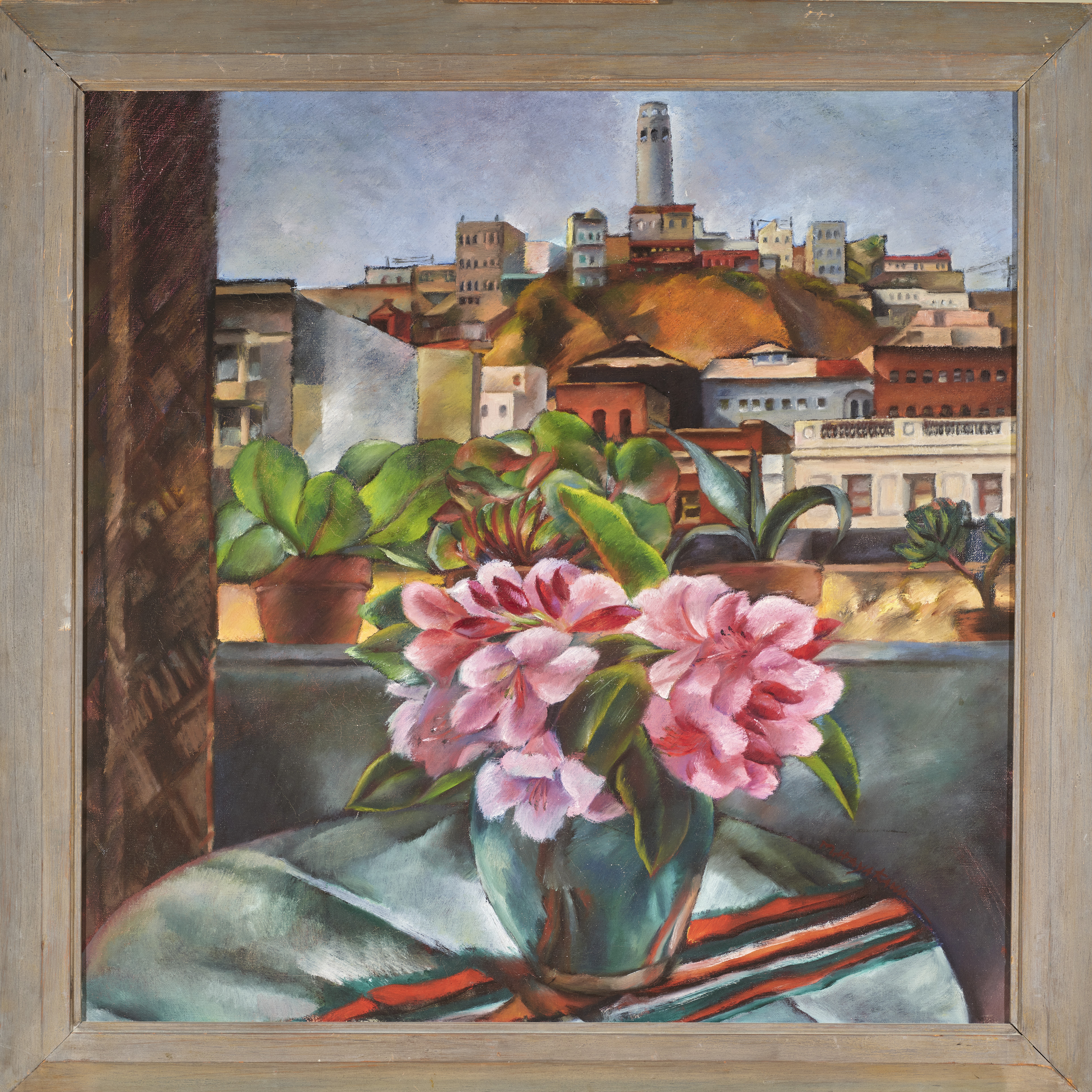 Miki Hayakawa (1904—1953), From my Window: View of Coit Tower, c. 1935. Oil on canvas, 30" x 30". From the collection of Sandra and Bram Dijkstra.