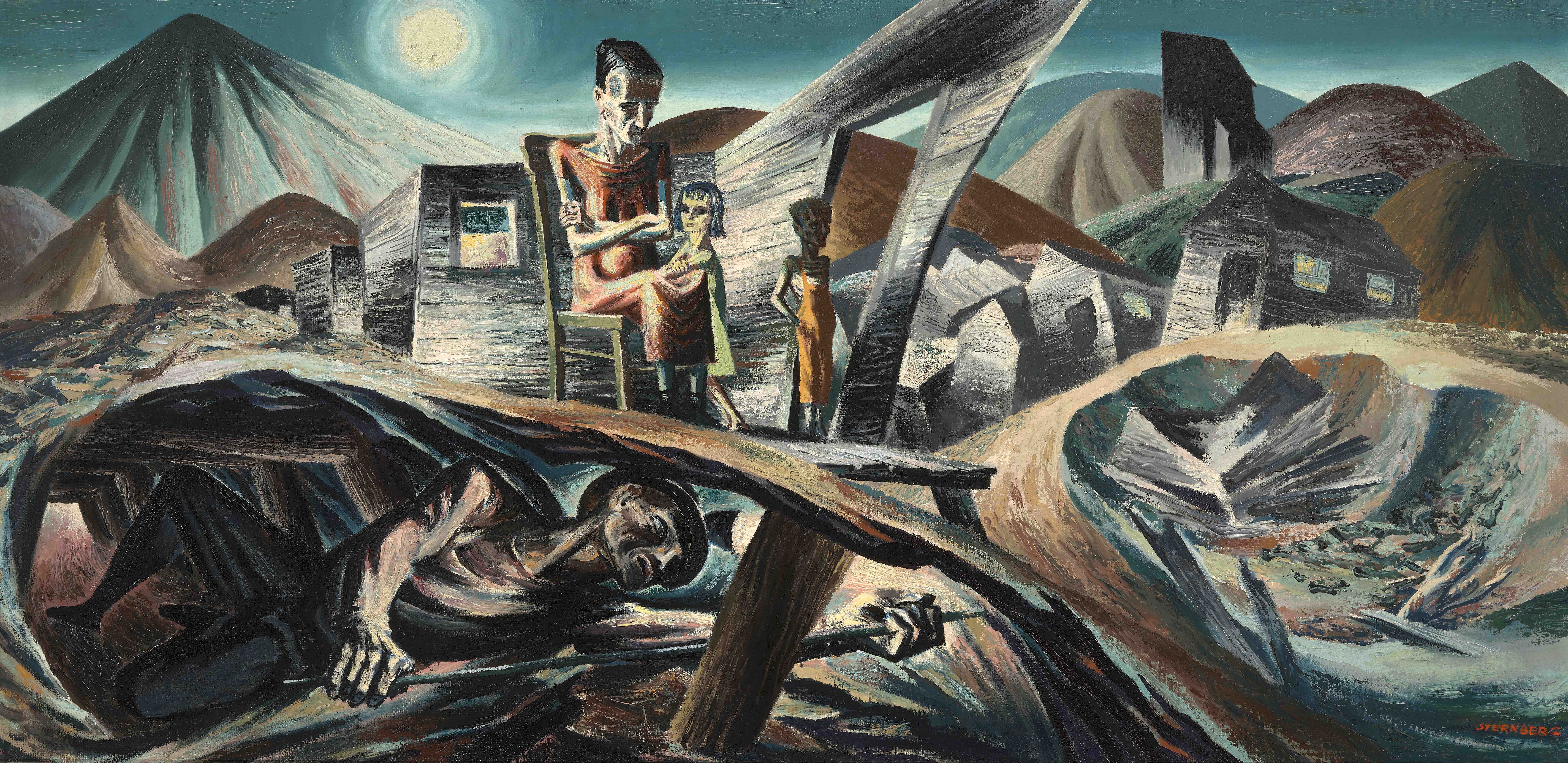 Harry Sternberg (1904-2001), Coalminer and Family, 1938. Oil on panel, 24" x 48". From the collection of Sandra and Bram Dijkstra.