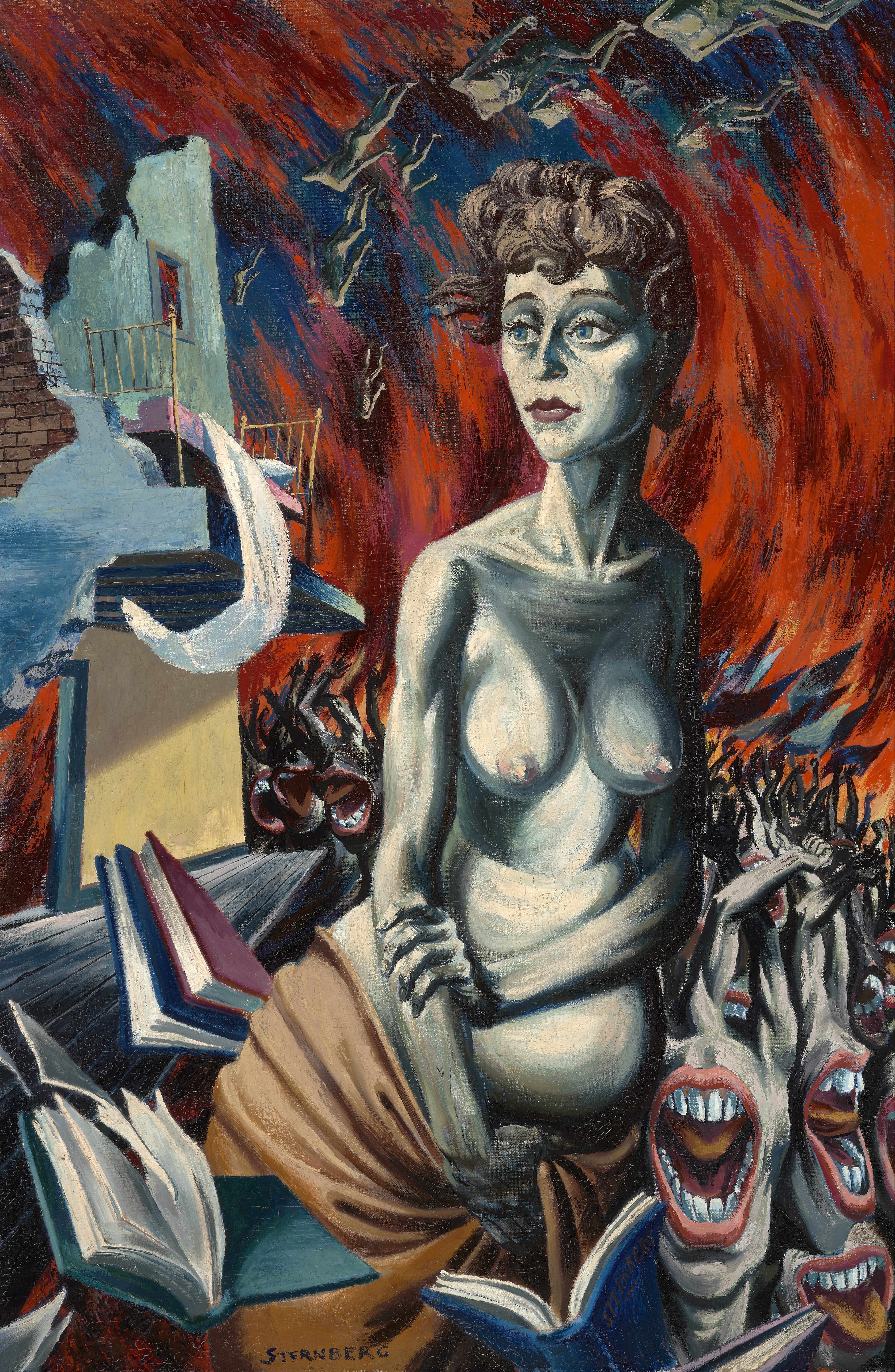 Harry Sternberg (1904-2001), Woman and War, 1940. Oil on panel, 48" x 32". From the collection of Sandra and Bram Dijkstra.
